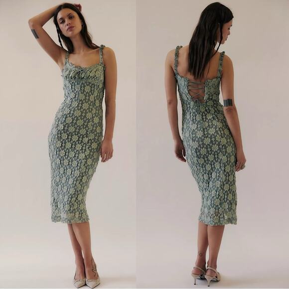 Free People Dresses & Skirts - Free People Ethereal Dainty Romantic Lucinda Lace Midi Dress Lilypad Jade Medium